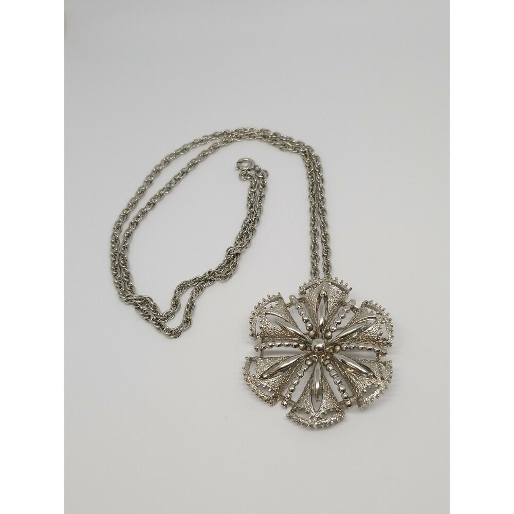 Rebecca Flower Brooch Pendant Silver Tone Openwork Pin Necklace Signed Vintage - Picture 9 of 9